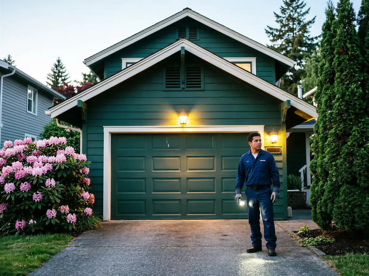 A technician in a blue uniform stands in a driveway holding two flashlights.
