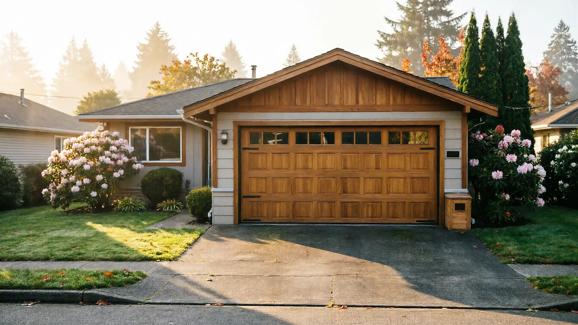 A house with a light brown garage door and a concrete driveway.