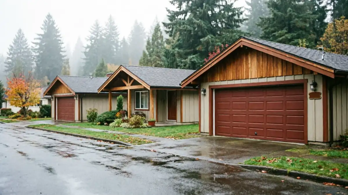 Three houses with brown garage doors line a wet street on a cloudy day.