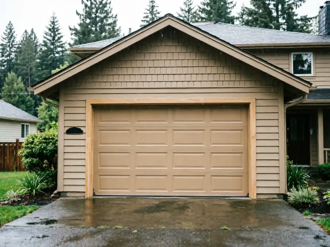A tan garage door is on a house with tan siding and a wet driveway.