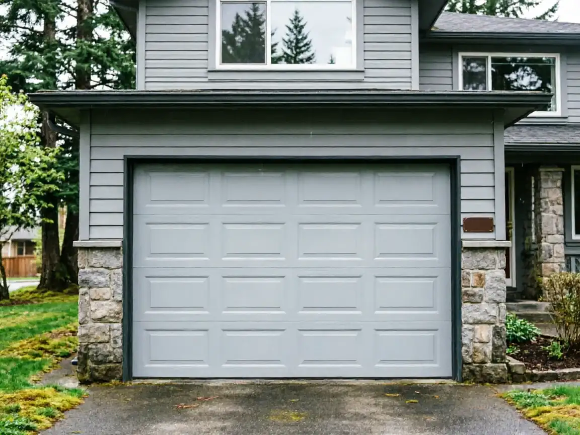 A light gray paneled garage door is on a gray house with stone accents.