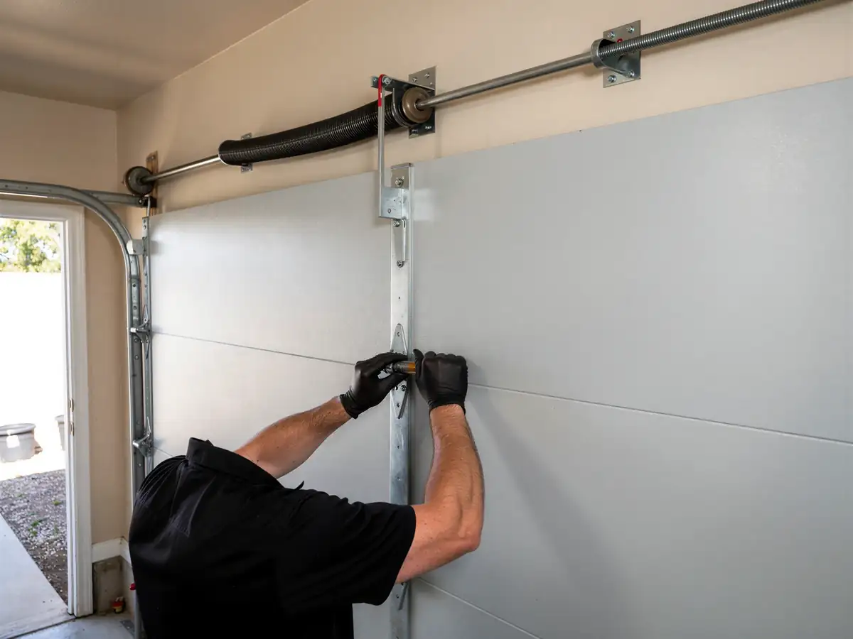 A technician in black gloves works on a gray garage door.
