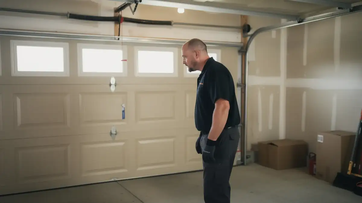 A technician stands in a garage looking at a closed garage door.