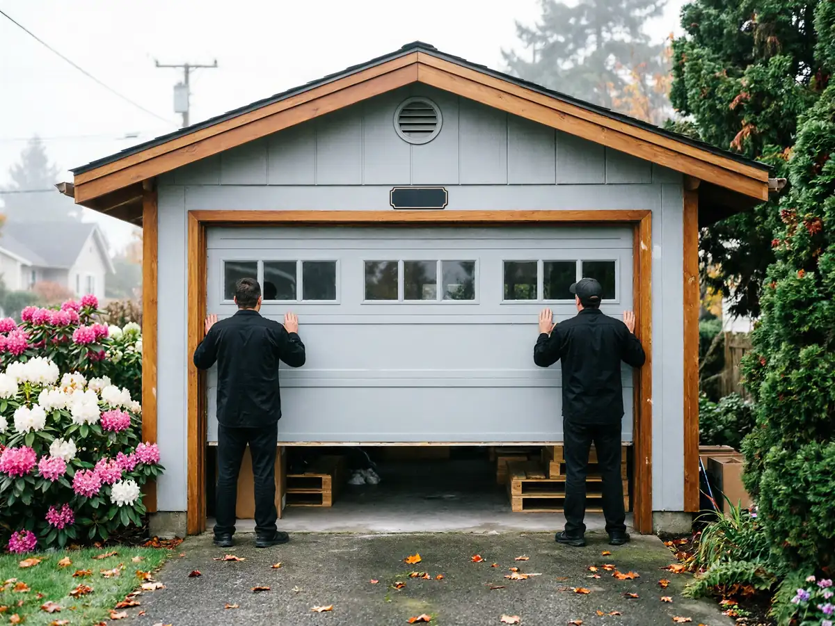 Two technicians install a light gray garage door with windows on a shed.